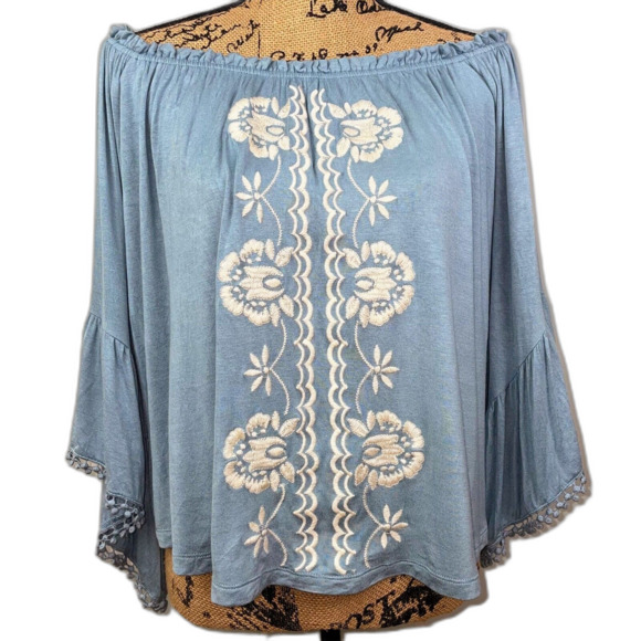 Altar’d State Ada Embroidered Off Shoulder Bell Sleeve Peasant Boho Top Blue S - Picture 1 of 9